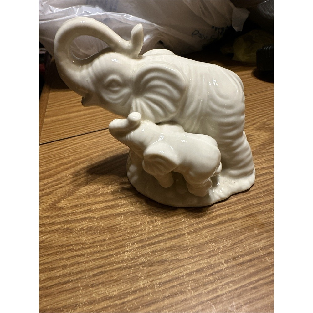 Elephant Figurine, Fortune, Mother, Baby, Trunks Up, Baby Vintage Ceramic, Nice!
